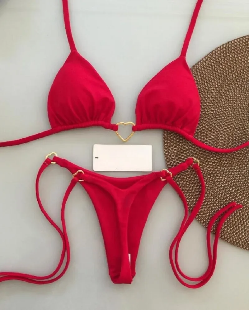 RUOTONSEPT-Conjunto de Bikini de color liso con cuello Halter para mujer, traje de baño Sexy con Tanga triangular de dos piezas, bikinis brasileños