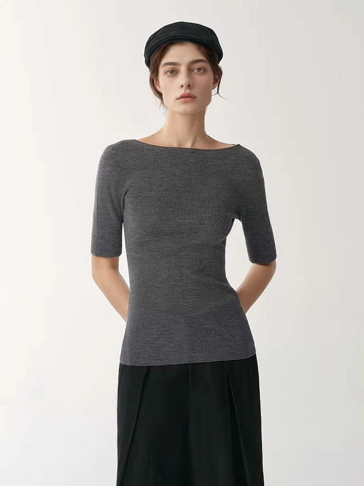 

ay Woolen Knitted Sweater Women's Slim Fit Five-Quarter Sve Boat Ne hine Waable Thin Sle Commute Faion Simple...