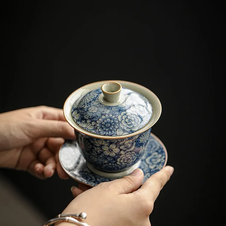 Jingdezhen Handmade Blue and White Old Clay Breeze Gaiwan Chinese Retro Domestic Cover Teacup Set