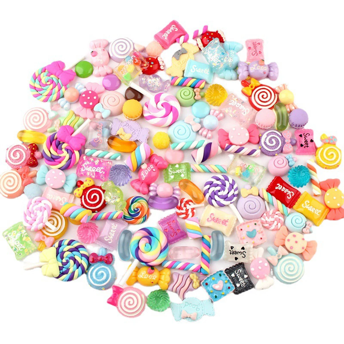 30 Uds. De dijes de limo de caramelo aleatorios, conjunto bonito de dulces de resina mezclados, suministros para hacer limo con parte posterior plana para manualidades y adornos DIY