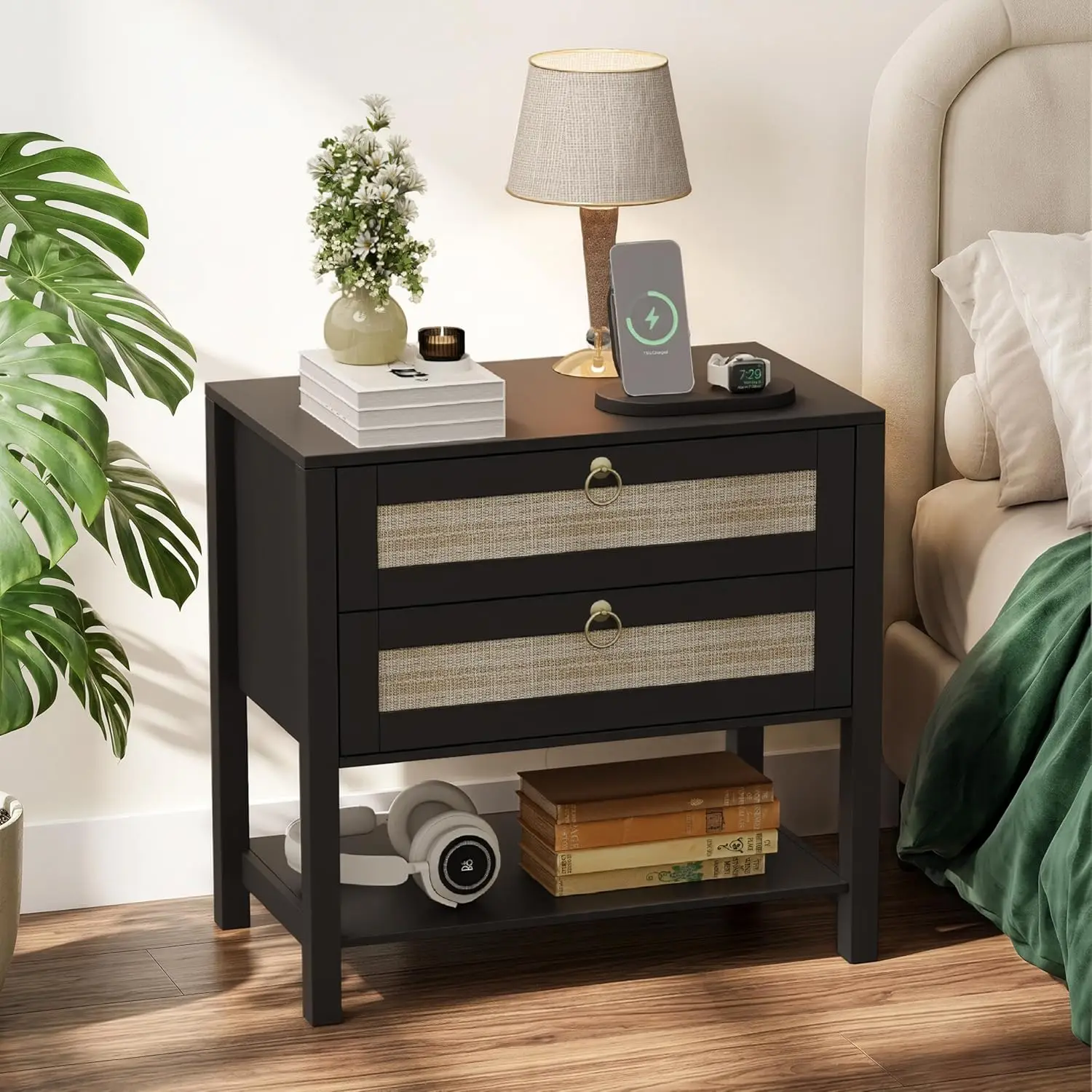 Nightstand Set of 2, Wide Night Stand Bedside Table, Rattan Boho Decor Drawer & Open Shelf, Wooden End Table for, Customized - view 3