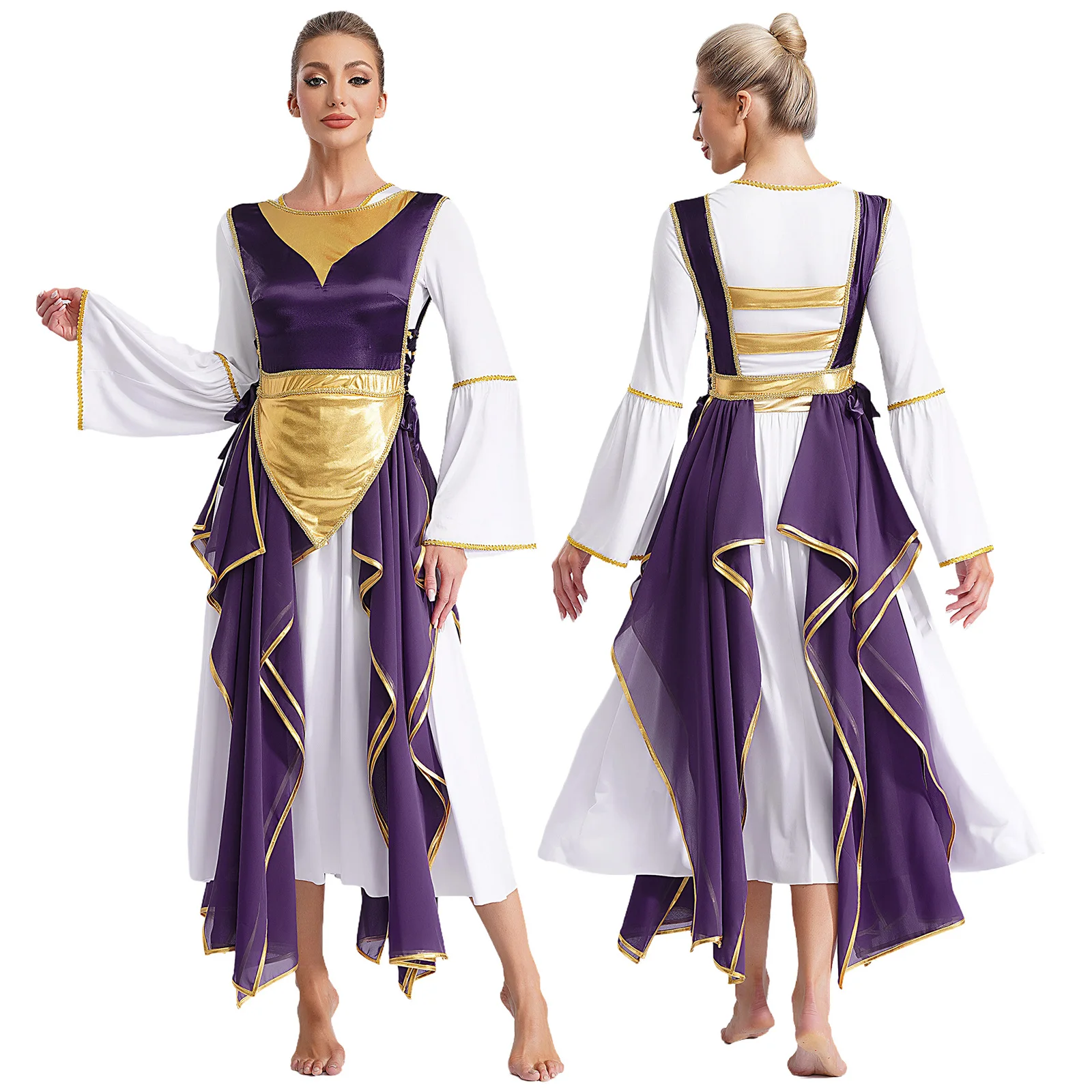 

Women Lyrical Praise Dance Dress Set Long Sleeve Gold Trim With Patchwork Sides Split Lace-up Tunic Worship Dance