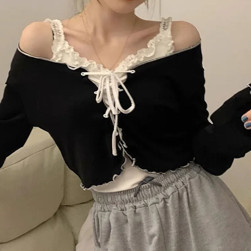 

Женские комплекты, милые модные студенческие комплекты со рюшами, весенние новые однотонные комплекты для отдыха, элегантная шаль в корейском стиле, кружевная майка, черные, с v-образным вырезом, популярные