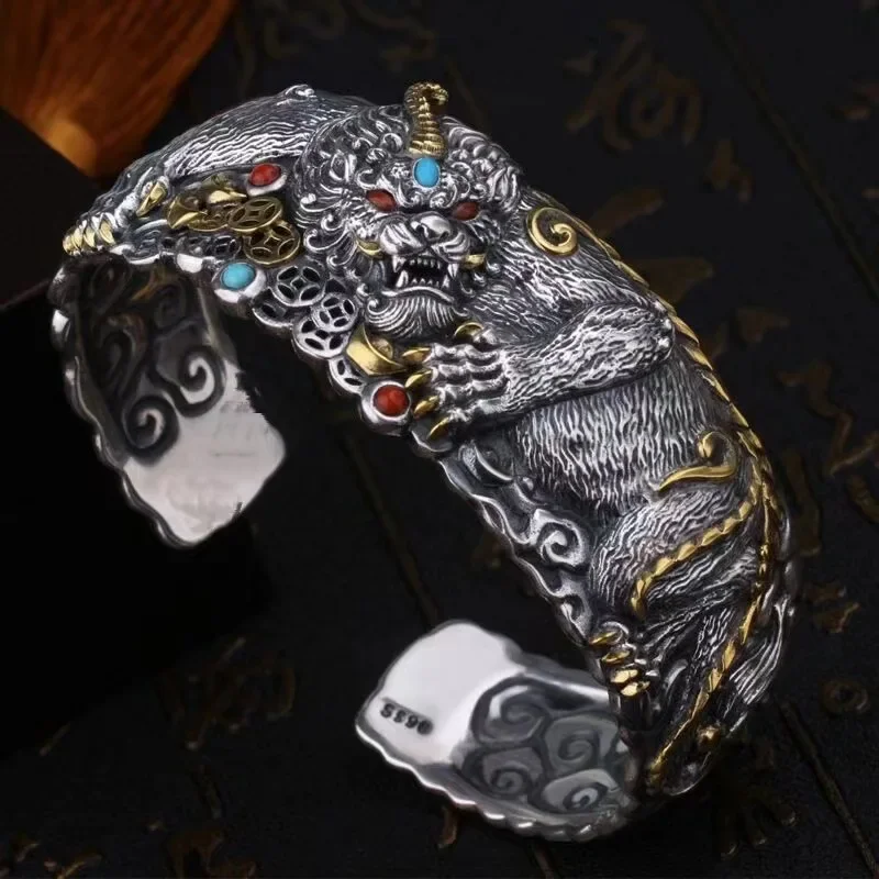 Bracciale tigre Pixiu in argento 925 Accessori per gioielli naturali Amuleto Talismani in pietra intagliata Regali Bracciale di design Vera pietra preziosa