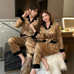 2024 New Gold Velvet Couple Pajamas Spring Autumn Women High-Grade Long Sleeve Thin Sleepwear Set Men Loose Casual Homewear Suit