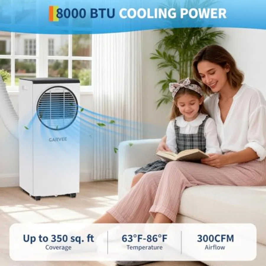 Portable AC for rooms up to 350 sq. ft., white plastic unit with dehumidifier, fan, remote, energy-efficient cooling