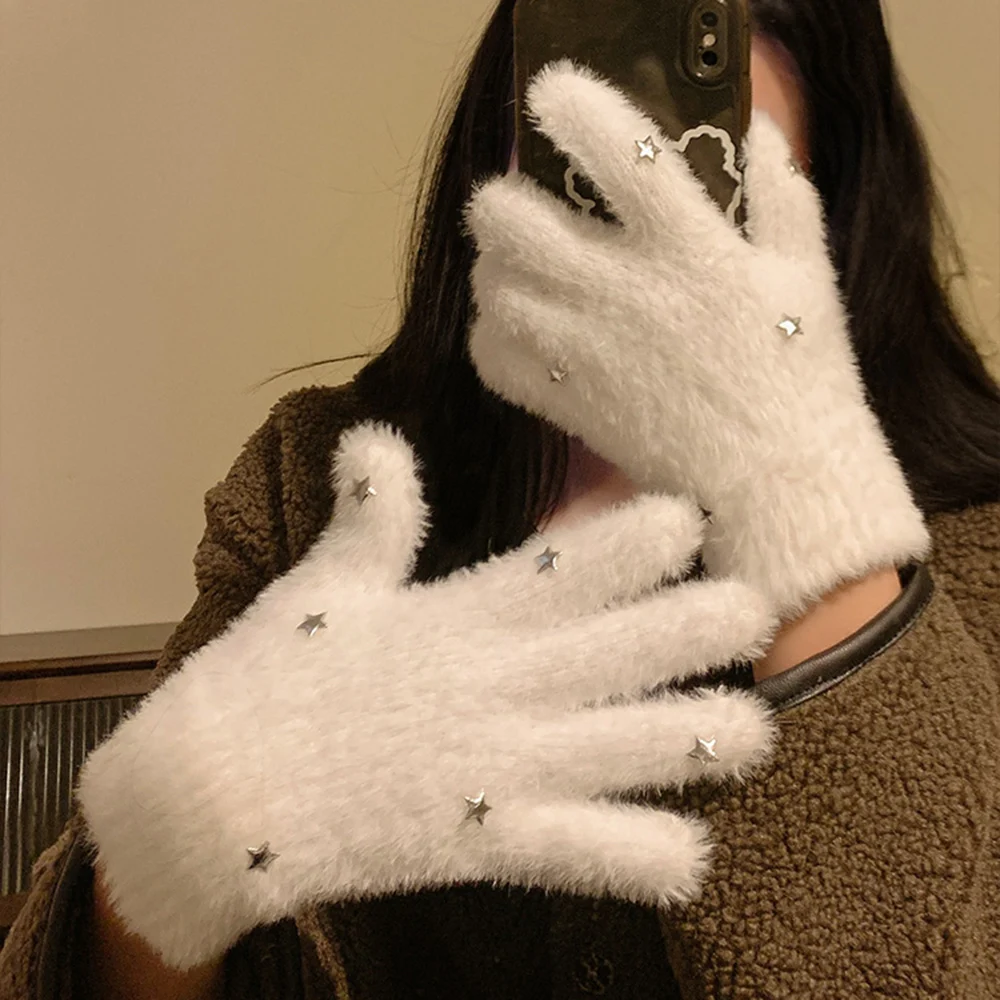 Fashion Winter Mink Velvet Five Finger Gloves Plush Warm Cold-proof Gloves Women Outdoors Cycling Solid Color Wistiti Mittens