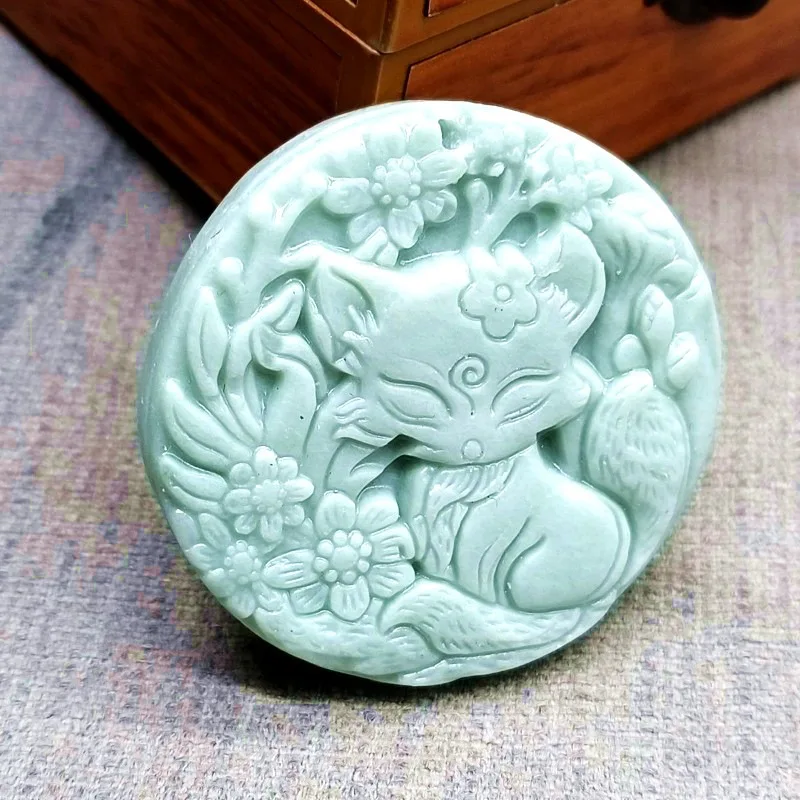 

Light Green Jade Hand Carved Nine Tailed Fox Pendant, Fashionable Boutique Jewelry, Men's and Women's Fox Necklace Gift