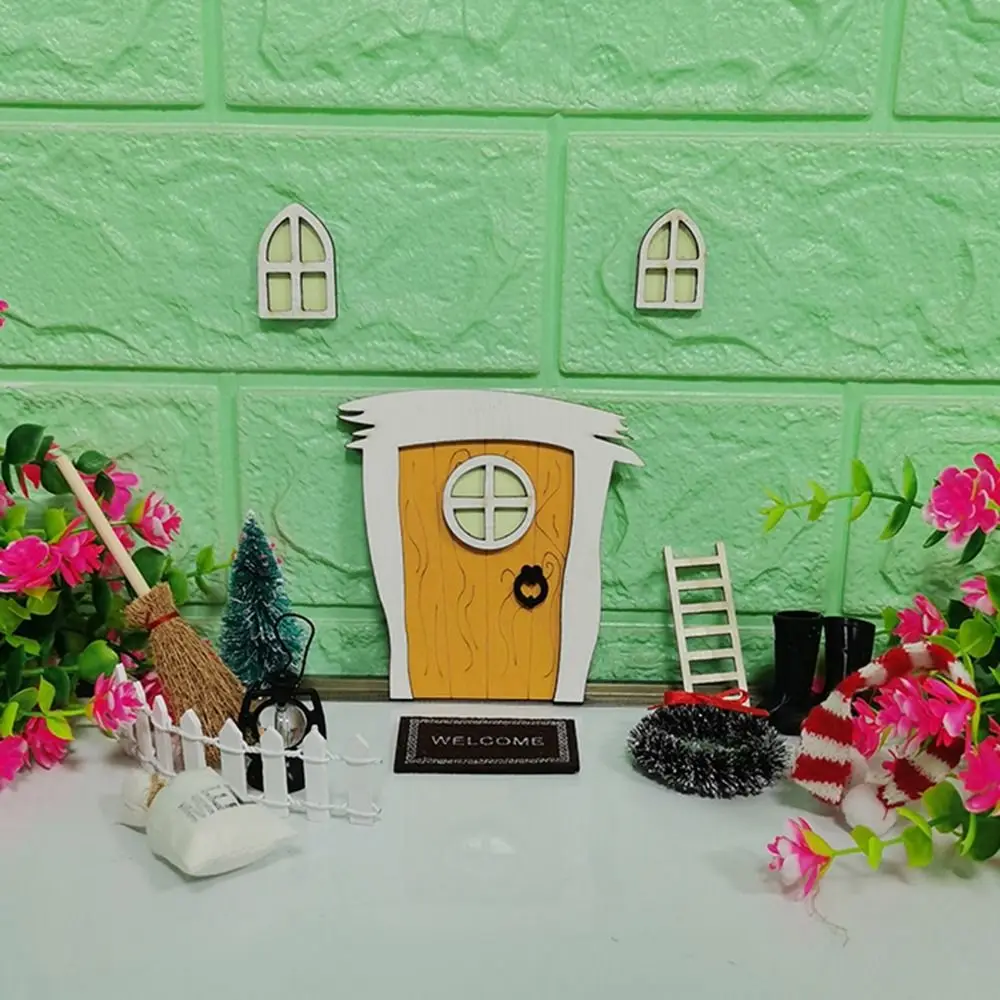 Multi-Style Miniature Fluorescent Elf Door Cartoon Cute Wooden House Miniatures Mini Fairy Door Ornaments Graden Ornaments