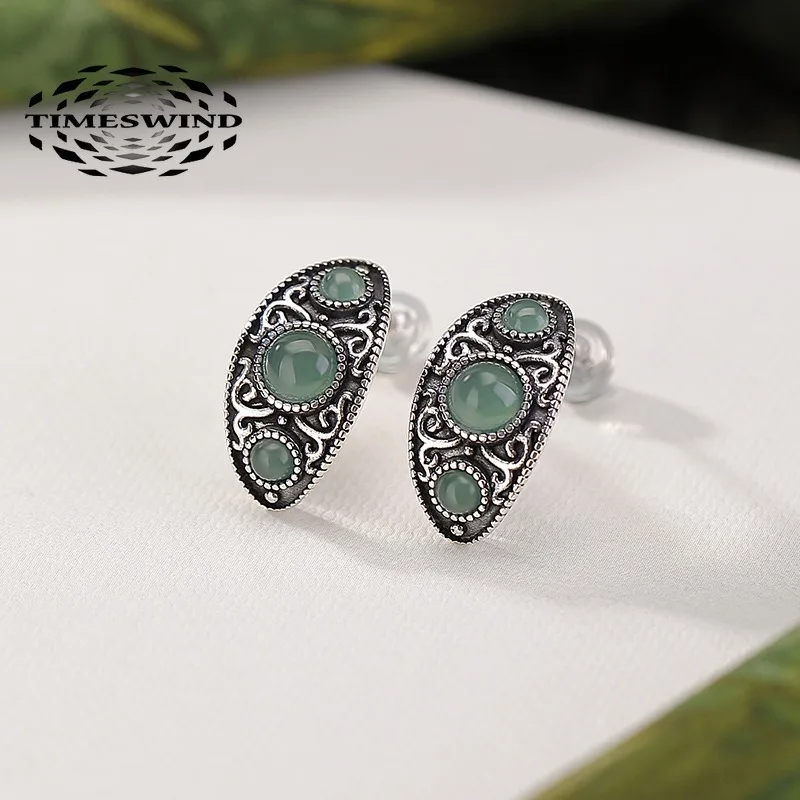 

TIMESWIND Retro Natural Green Jade S925 Pattern Semi-curved Arc Women Earrings with Certificate