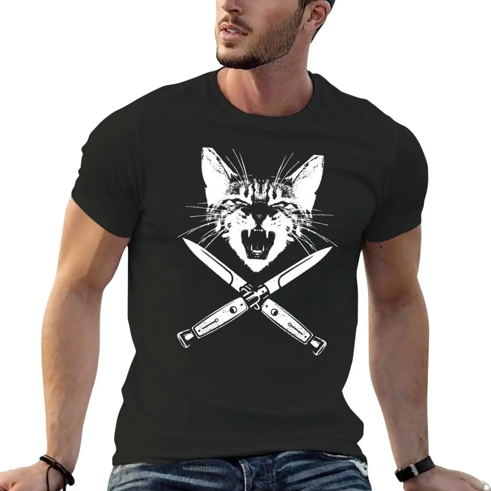 

Hissing Cat with Crossed Switchblade Knives T-Shirt customs man clothes baggy shirts clothes for men