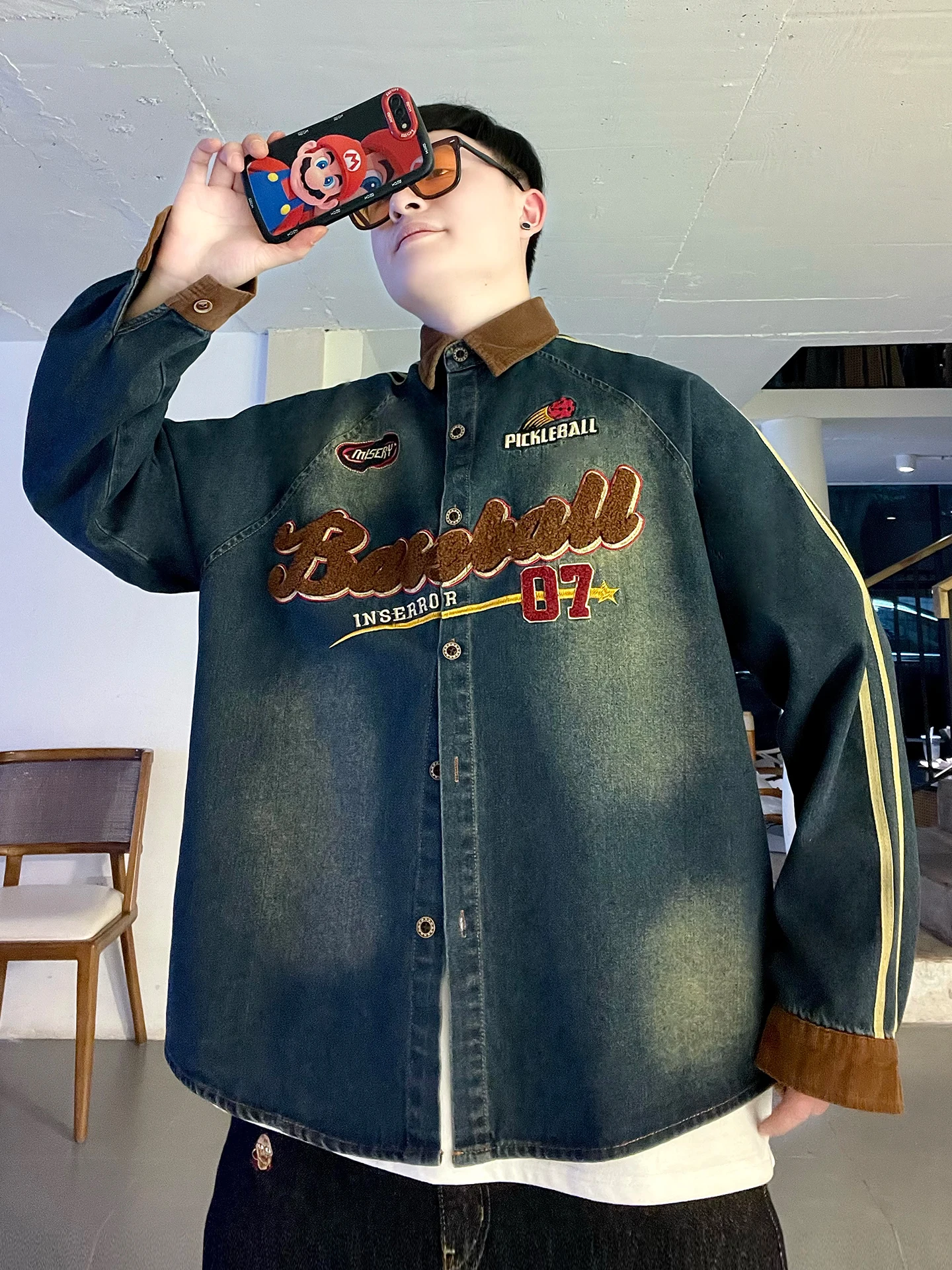 

Retro American College Sle Embroidered Denim irt Loose Long Sve Men's Spring Faion Outerwear Cotton Youth Casual