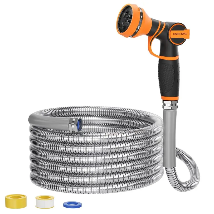

Garden Hose 50ft x 3 4, 304 Stainless Steel Metal Water Hose, No Kink Garden Water Hose with 9 Pattern Spray Nozzle, Flexible, L