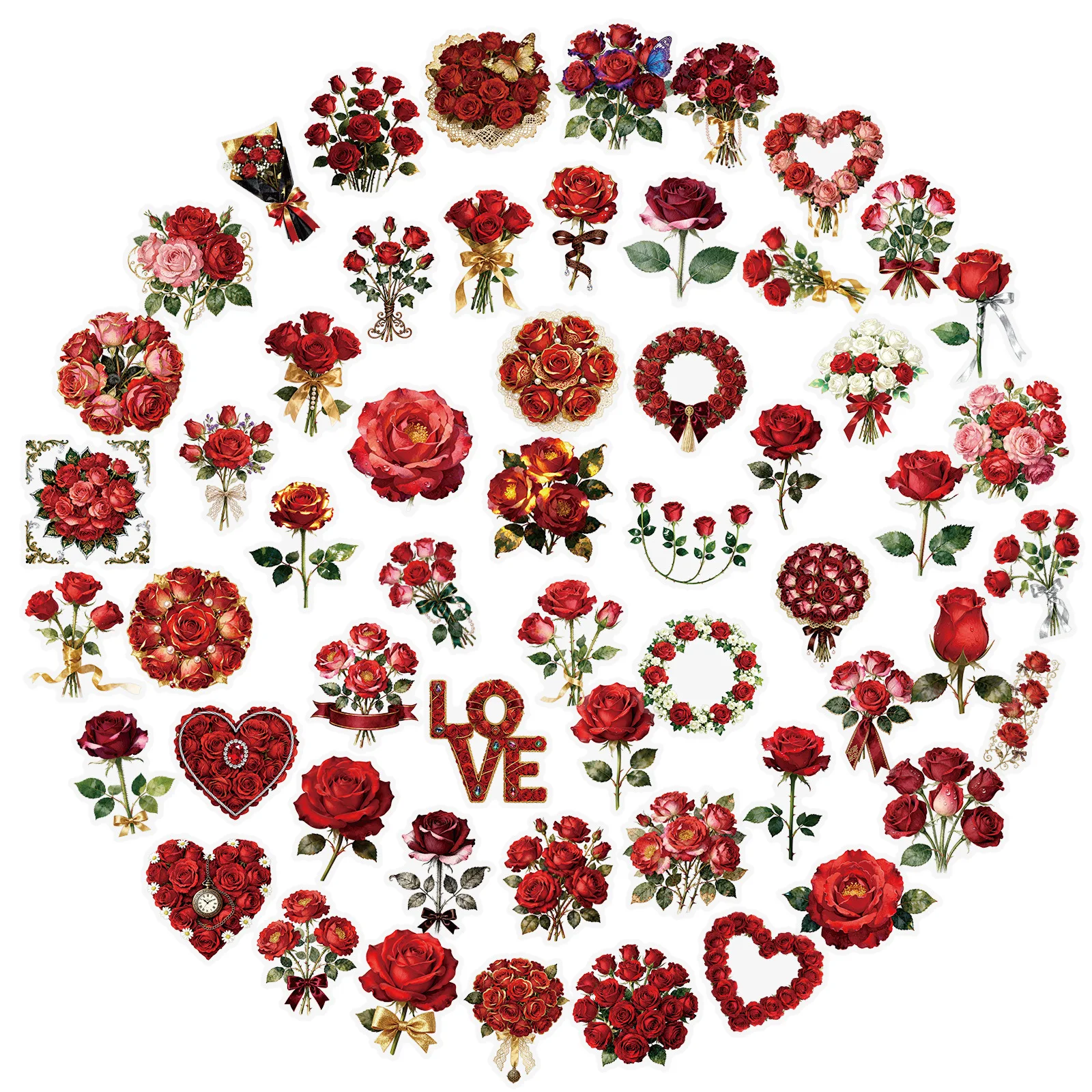 56PCS Retro Red Rose Transparent Graffiti Stickers Beautiful Flowers Cartoon Decal DIY Luggage  Phone Guitar Classic Kid Toys