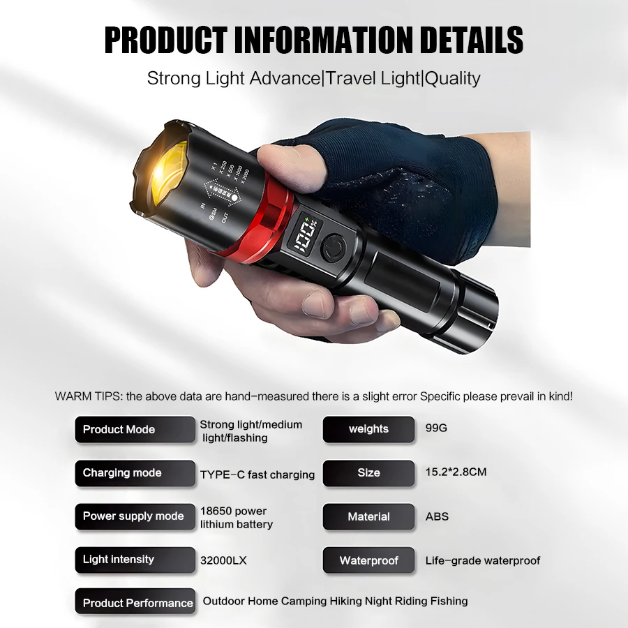 High Strong Power Led Flashlights Tactical Torch with Display Light USB Charging Camping Fishing Emergency Zoom Lantern