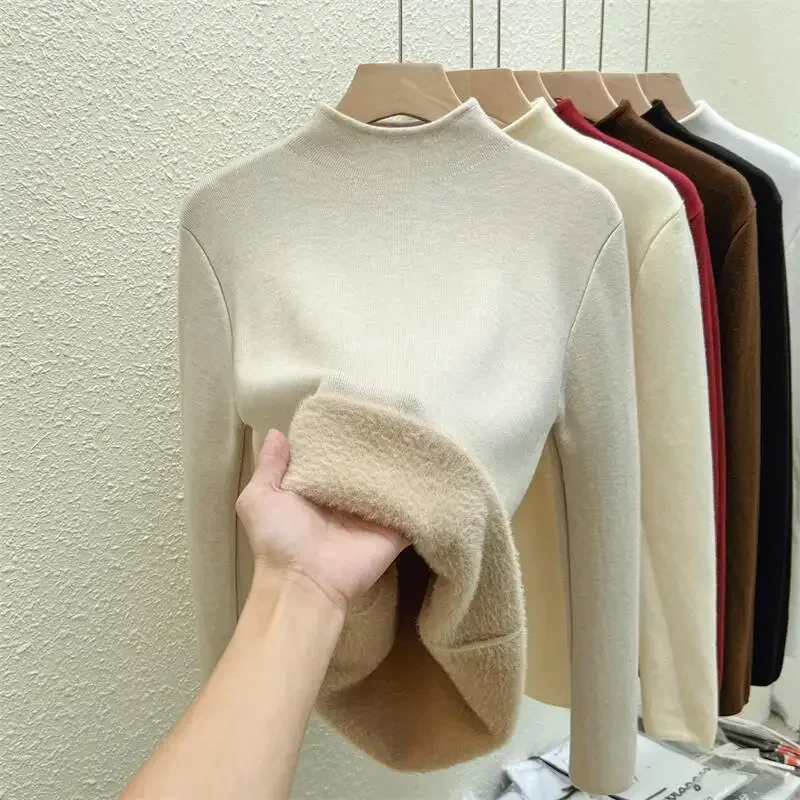 

Autumn and Winter One-piece Velvet Half High Collar Knitted Sweater for Women 2024 Casual Sweet Solid Thick Base Lady Tops 31010
