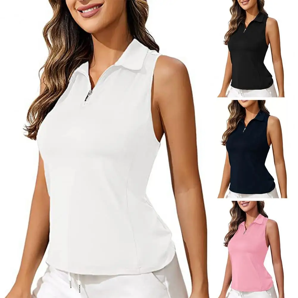 Women Golf Vest Lapel Sleeveless Zipper Neckline Tank Top Solid Color Slim Fit Racerback Sport Tops Quick Dry Athletic T-Shirt