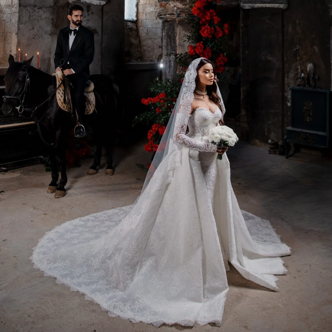 

Exquisite Mermaid Wedding Dresses Detachable Train Lace Appliques Luxury Bridal Gown Sweetheart Corset robe de mariée Customized