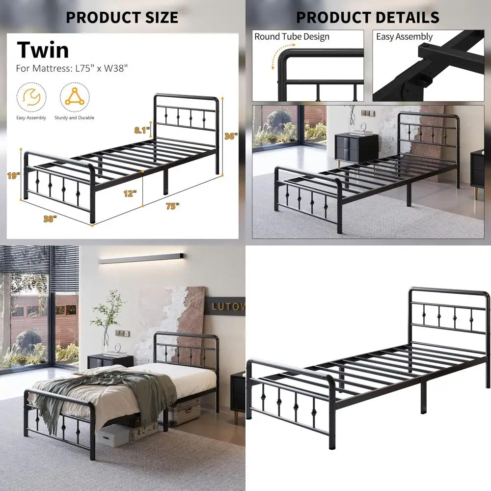 

Сверхпрочный 12-металлический каркас кровати в викторианском стиле с винтажным изголовьем и изножьем, без коробчатой пружины, простая сборка, черный