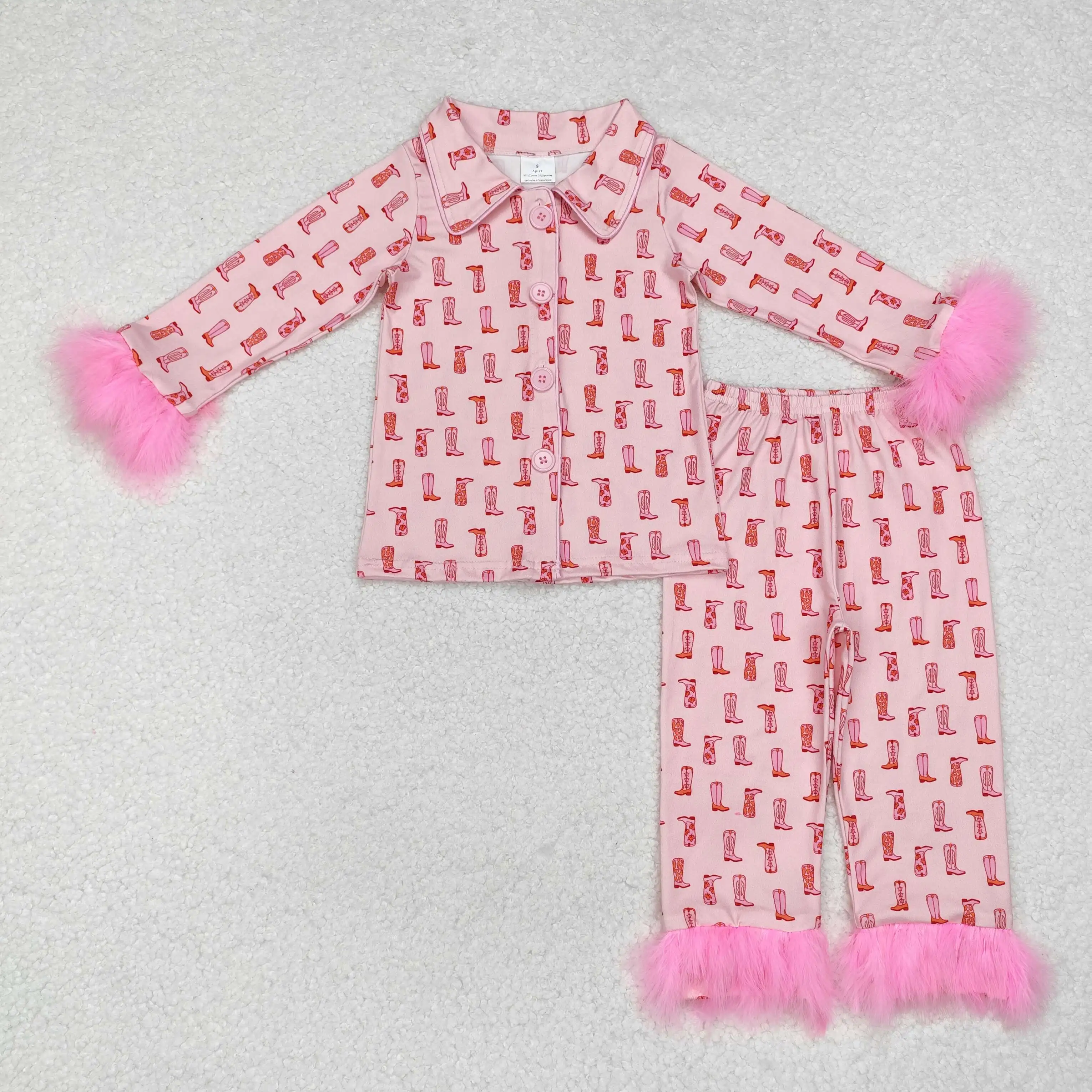 Wholesale Baby Girl Pink Pajamas Set Kids Sleepwear Fur Long Sleeves Bows Buttons Shirt Pants Children Toddler Valentines Outfit