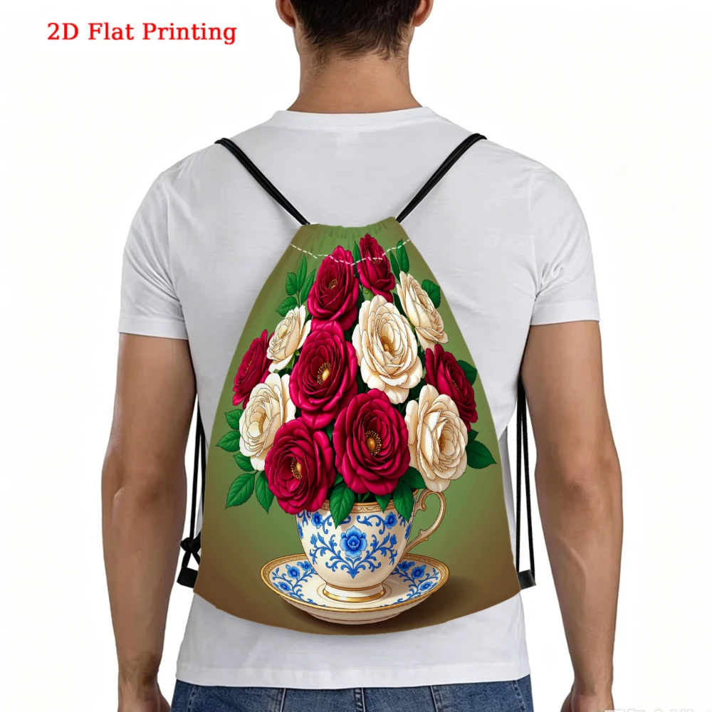 Vintage Floral Teacup, Drawstring Backpack, 2D Flat Printing Rose Pattern, Gym Sports Bag, Outdoor Travel Cinch Sack