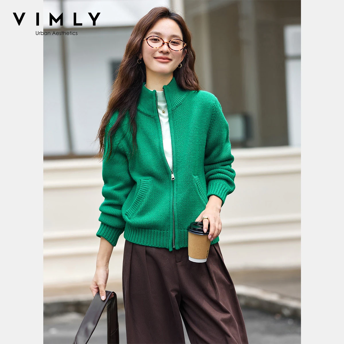VIMLY Women's Knitted Cardigan Autumn 2025 Casual Zip Up Turtleneck Long Sleeve Jumpers Elegant Loose Pocket Lady Sweaters 75185