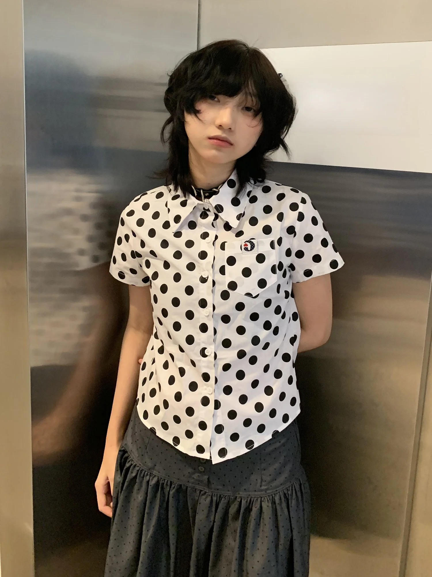 

Shadow Planet Sweet Polka Dot Short Sleeve Women's Shirt Summer Turn Collar Waist Cinching Slimming Versatile Short Top