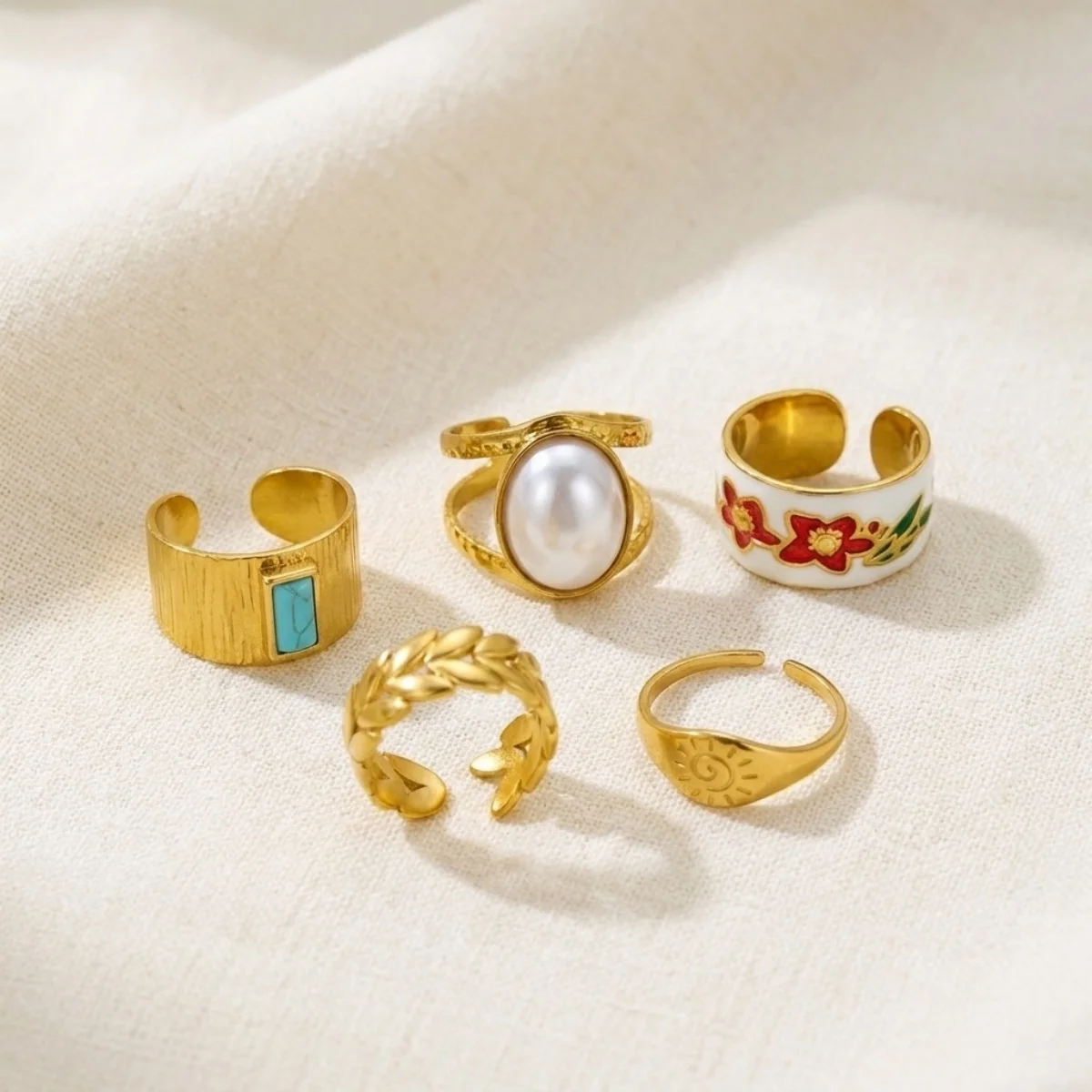 Edelstahl-Sonnen-Emaille-Blumen-Weizenblatt-Simulationsperlenringe für Damen und Herren, trendige, retro-inspirierte, geometrische Breitbandringe, Schmuck – Detail 19