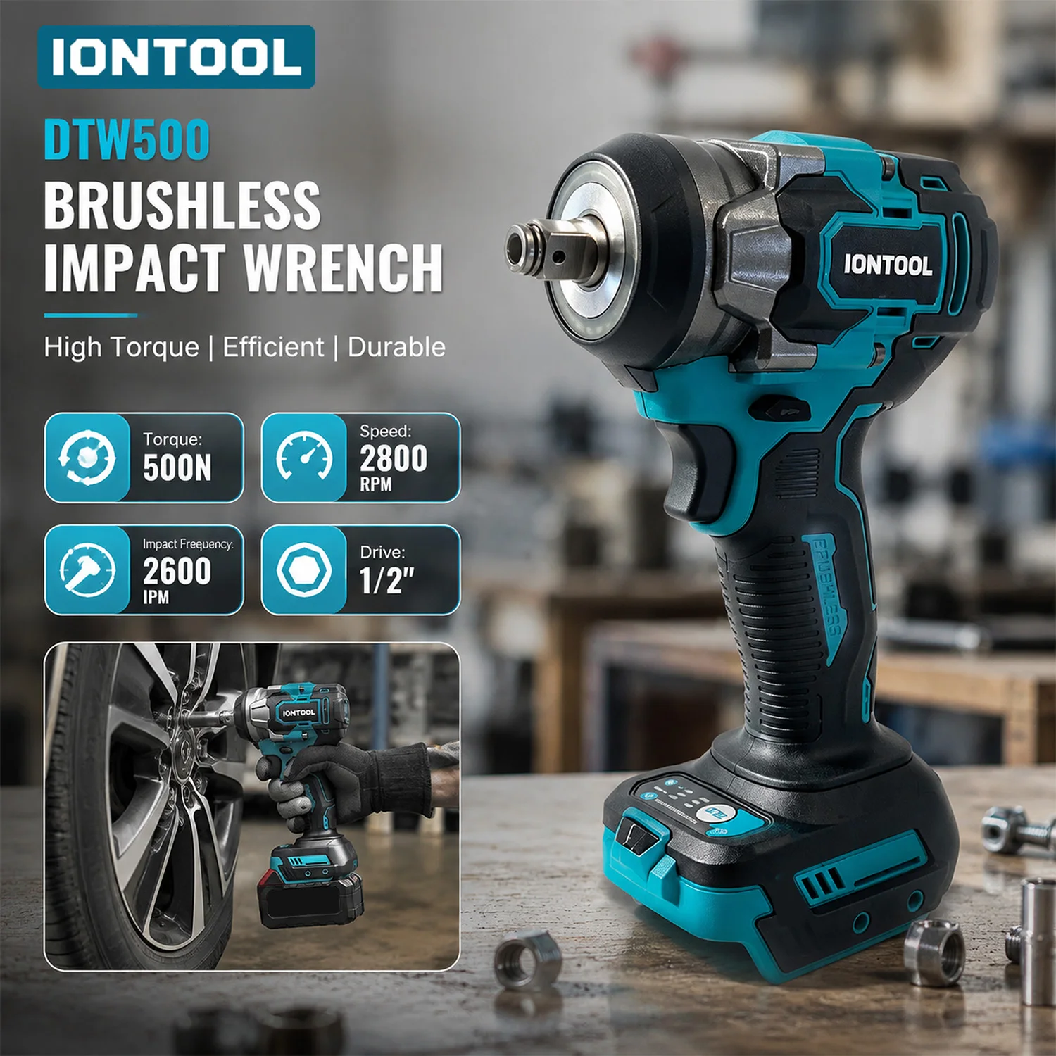 IONTOOL 1/2 Inch 500N.m 2800RPM Robust Reliable Durable Brushless Cordless For 18V Battery Home Garage Tire Change Tool