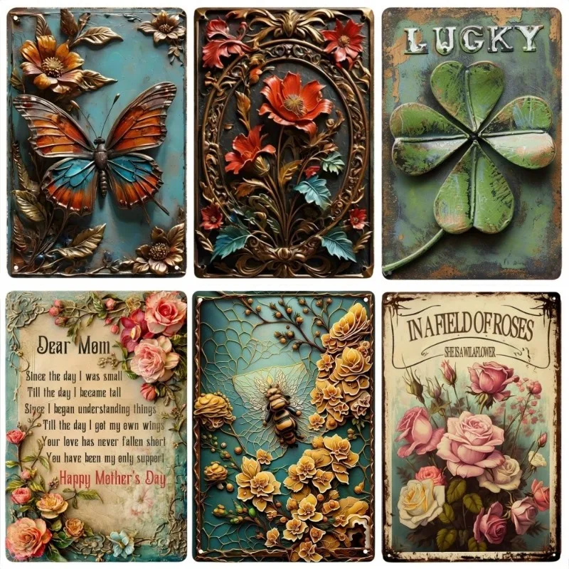 Metal Tin Poster Gardens Bees Roses Retro Metal Tin Sign Plaque Poster for Bar Club Wall Decor Retro Vintage Wall Plate Pendant