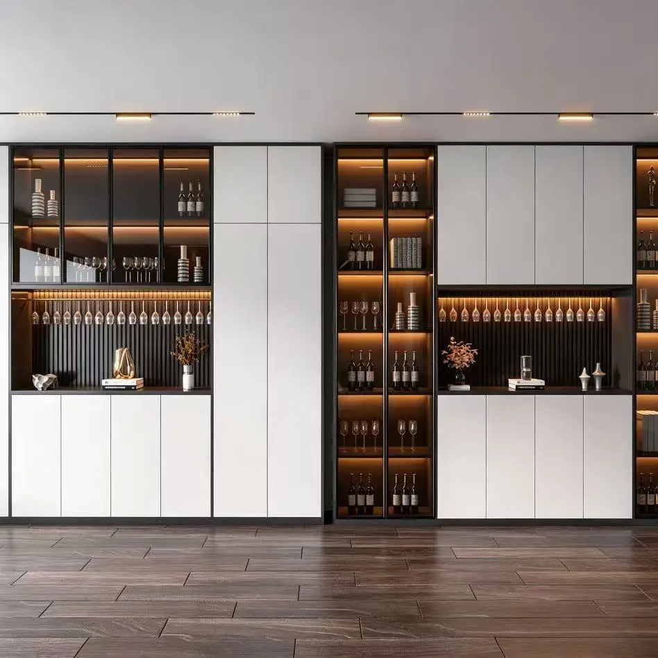 Sleek Symmetrical Wine Cabinet, Fluted Back Panel, Multi-Layer Glass Showcase, Home Dining Bar Unit, Modern Storage Furniture