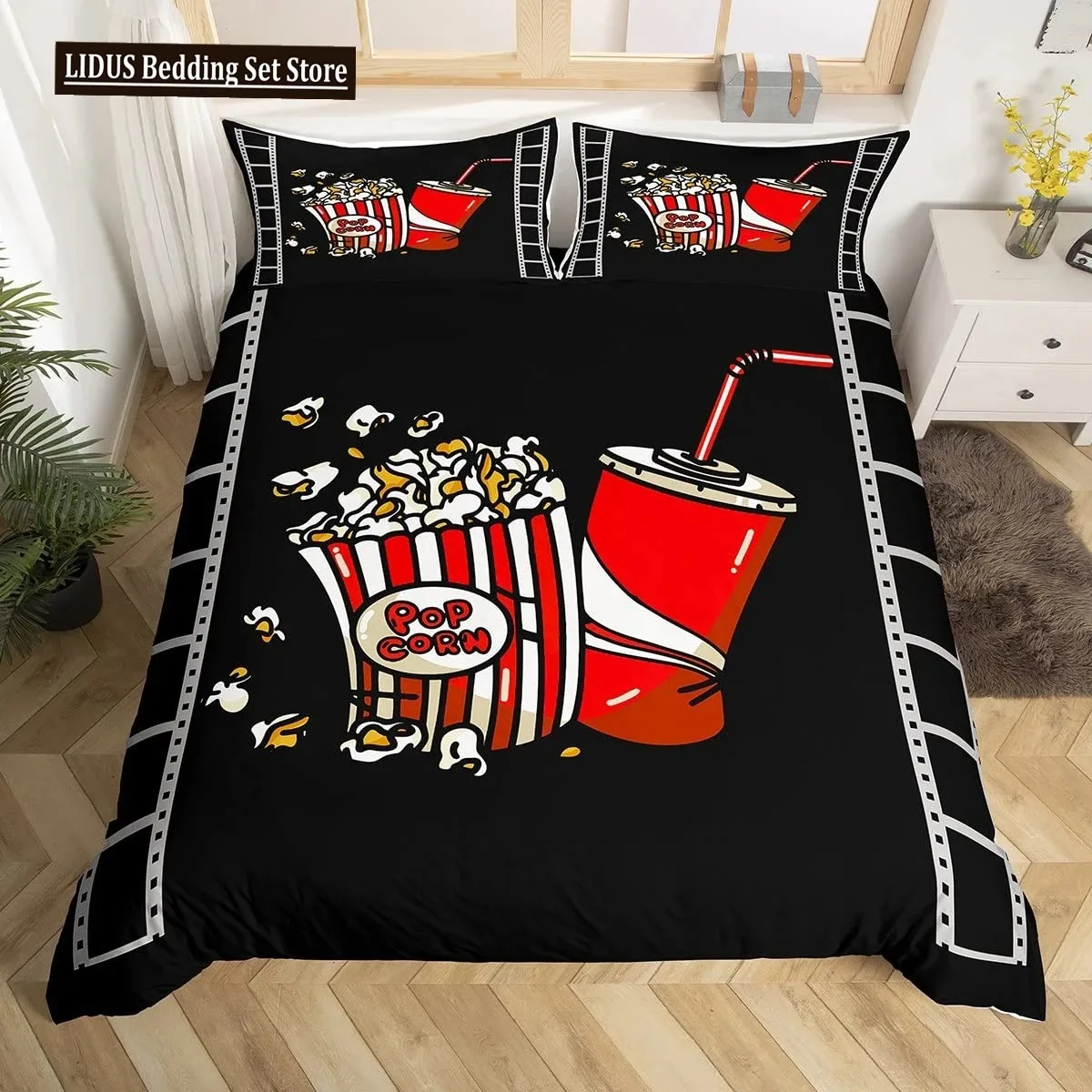 Movie Theater Duvet Cover Set Cinema Ticket Bedding Set Filmstrip Comforter Cover Bedroom Decor Bedspread Cover Full Size 3pcs