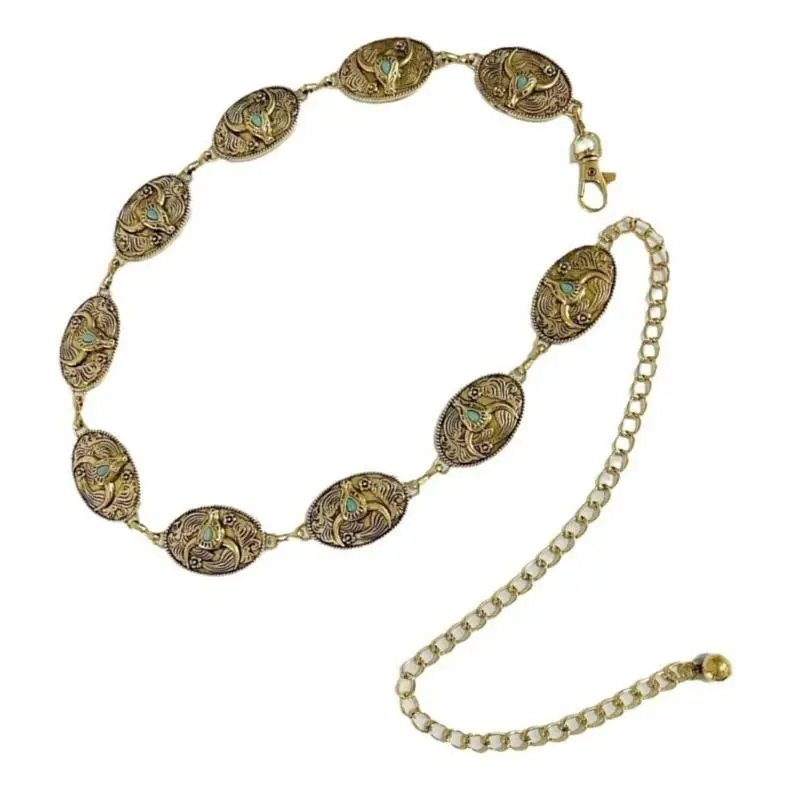 P9FE سلسلة متقنة سلسلة البطن لفستان حزام على شكل سلسلة للنساء الخصر حزام على شكل سلسلة المنحوتات الخصر سلسلة حزام طويل القرون