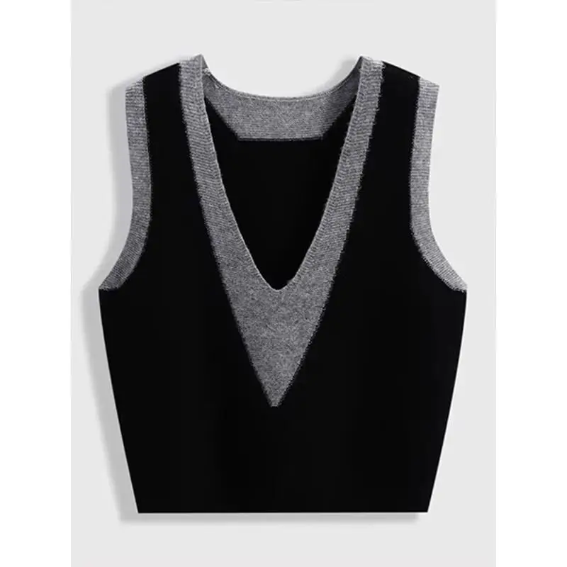 

Sleeveless Vest Sweater Color-blocking V-neck Pullover Sweater New Winter Layered Top for Women