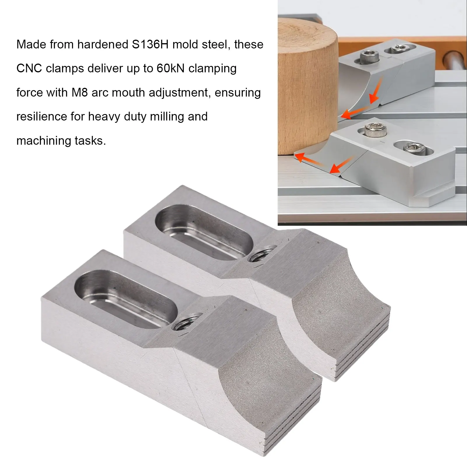 Bild 5: 2 Stück Seitenklemmspanner S136H aus gehärtetem Werkzeugstahl, M8 Bogenförmige Backen, niedrige Spannbacken für Fräs- und CNC-Maschinen zur Werkstückhalterung