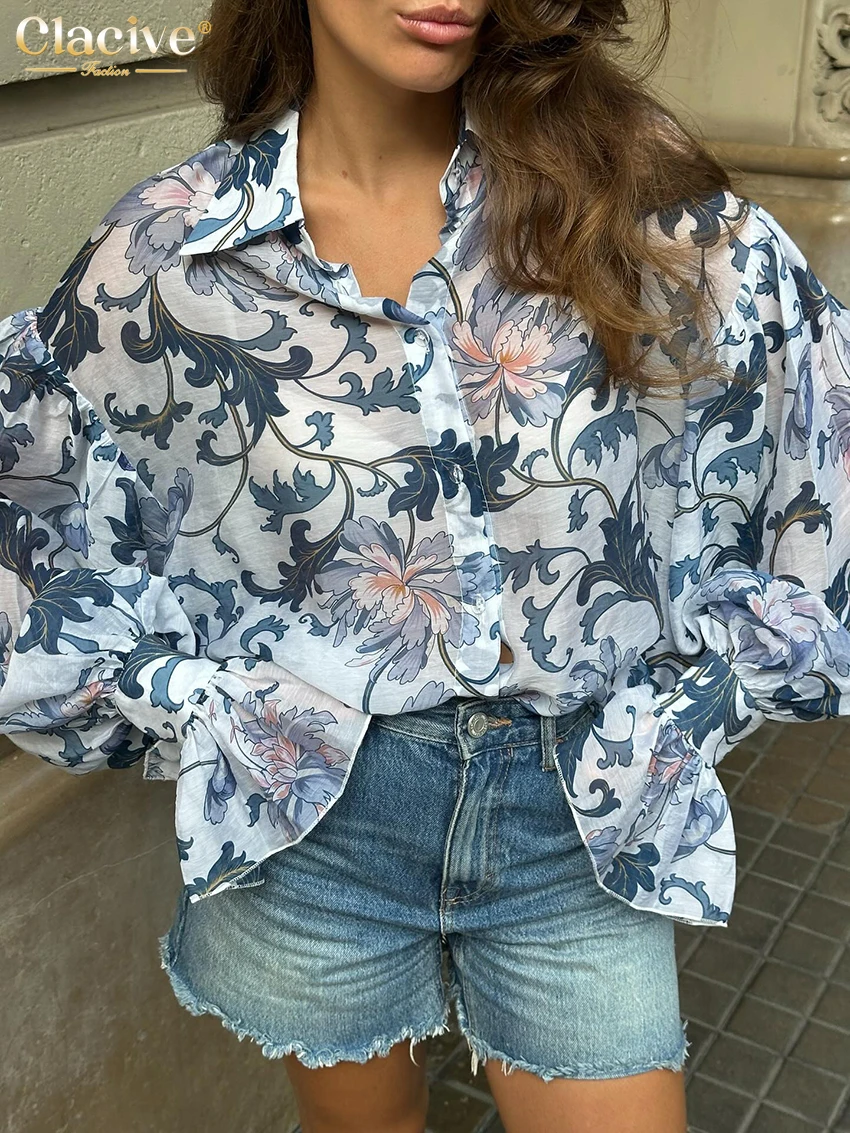 Clacive moda solta impressão camisa feminina 2025 casual lapela manga longa blusa senhoras elegante clássico topo roupas femininas