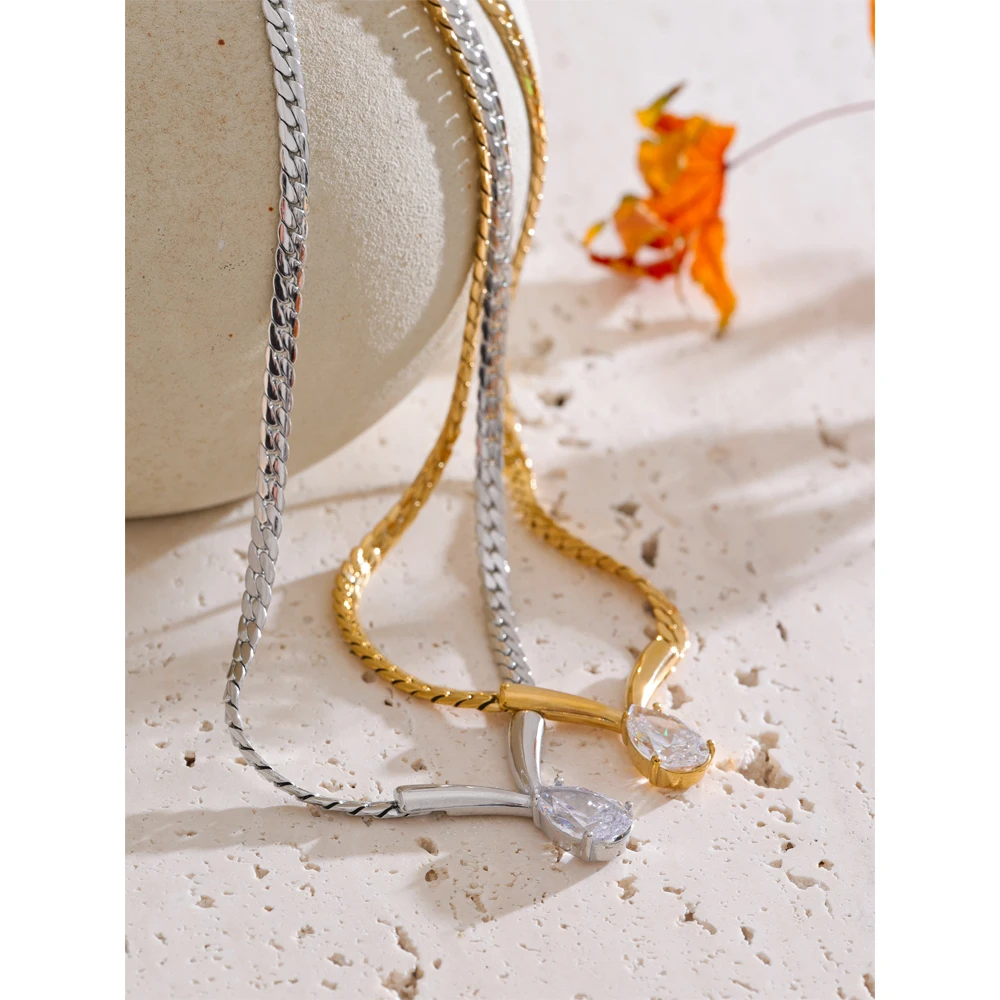 Yhpup Stainless Steel High Quality Polished Chain Cubic Zirconia Statement Necklace Real Gold PVD Plated Fashion Shiny Jewelry