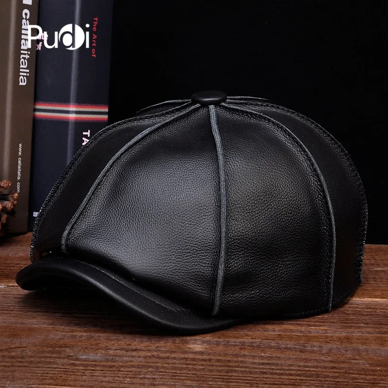 Pudi New Men Women Beret Hat Cap Geunine Leather Unisex Bucket Hats Caps Berets HL058