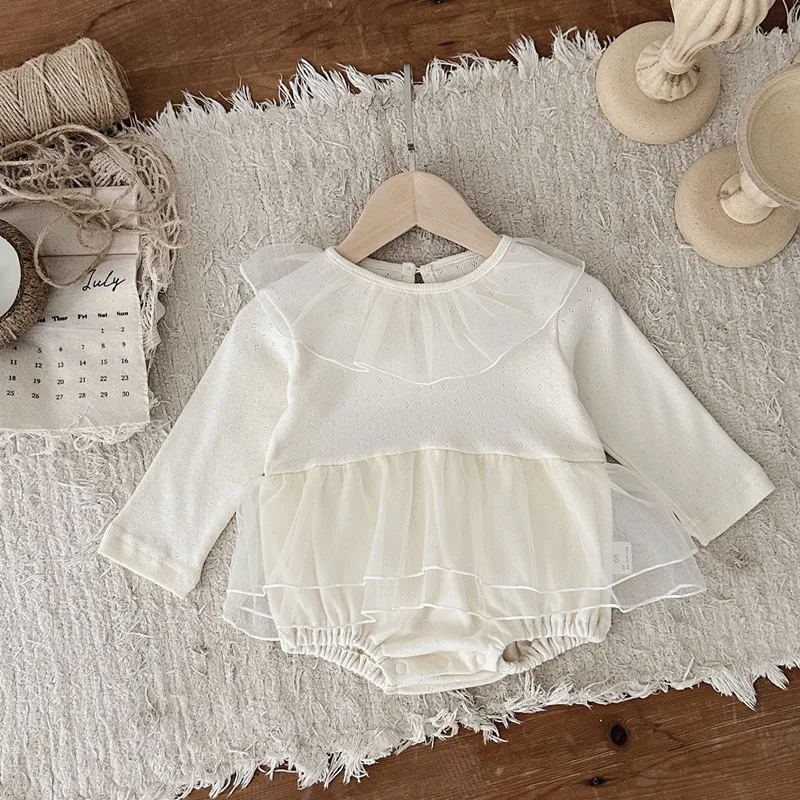 

Newborn Clothes Baby Long Sleeve Bodysuits 2024 Autumn Infant Girl Princess Dress Solid Mesh Lotus Leaf Collar Toddler One Piece