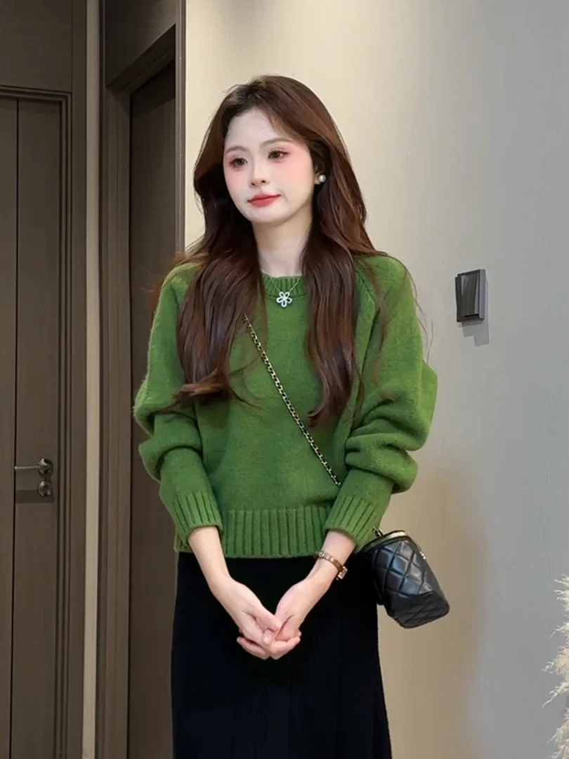 سترة نسائية من Retro Enn Round Ne ort متماسكة لطيفة كورية بسيطة للخريف والشتاء مطابقة الجزء العلوي من الجسم