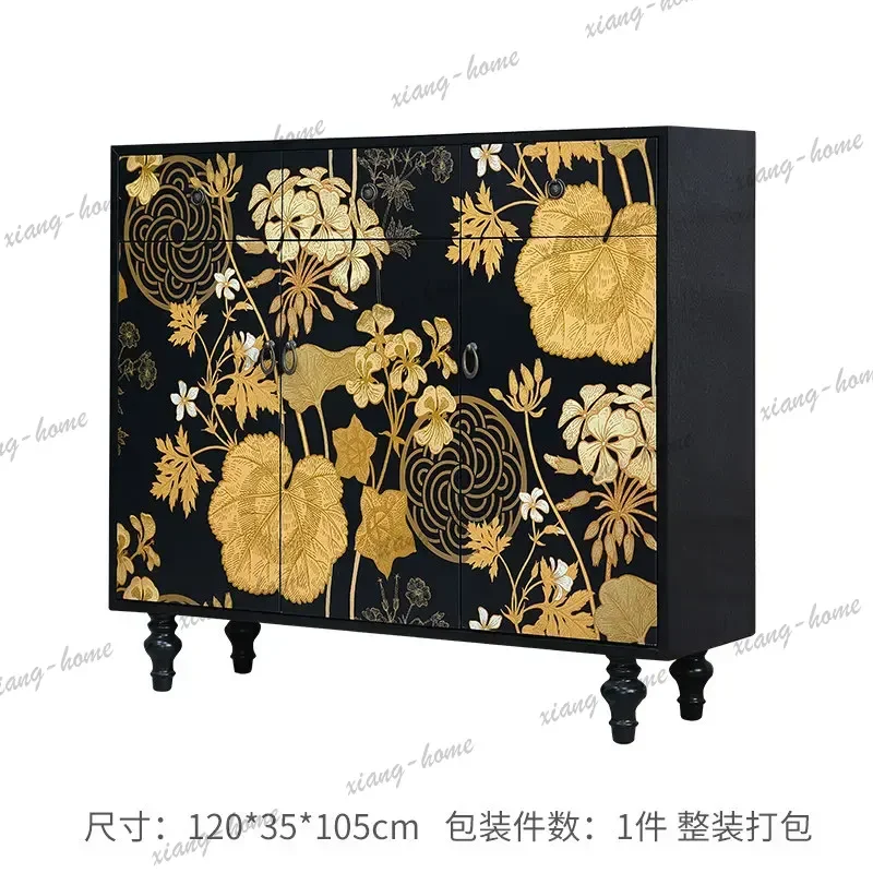 PG New Chinese Style Solid Wood Shoe Cabinet Entryway Foyer Storage Locker Light Luxury Black Gold Lace Chest Retro Living Room