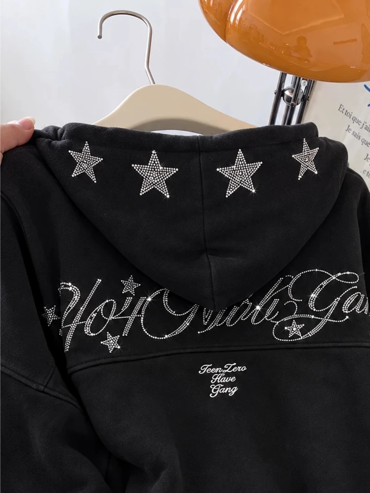 Top Women Hooded Office Versatile Back Rhinestone Star Letter Loose Drop Shoulder Long Sleeve Casual Pullover Chic Blouse