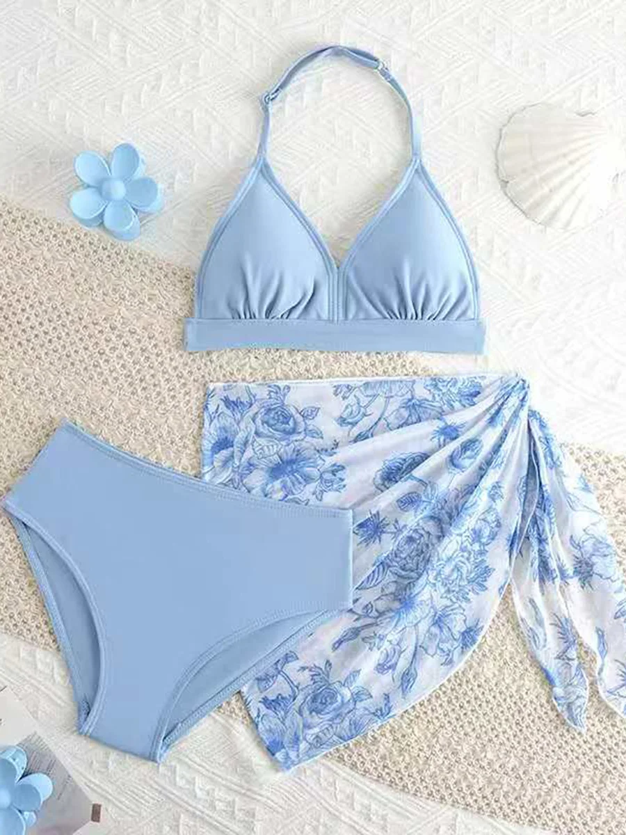 2026 Leopard Girls Swimsuit 3 Pieces Halter Triangle Bikinis Kids Swimwear Female Children's Bathing Swimming Swim Suit 8Y-12Y
