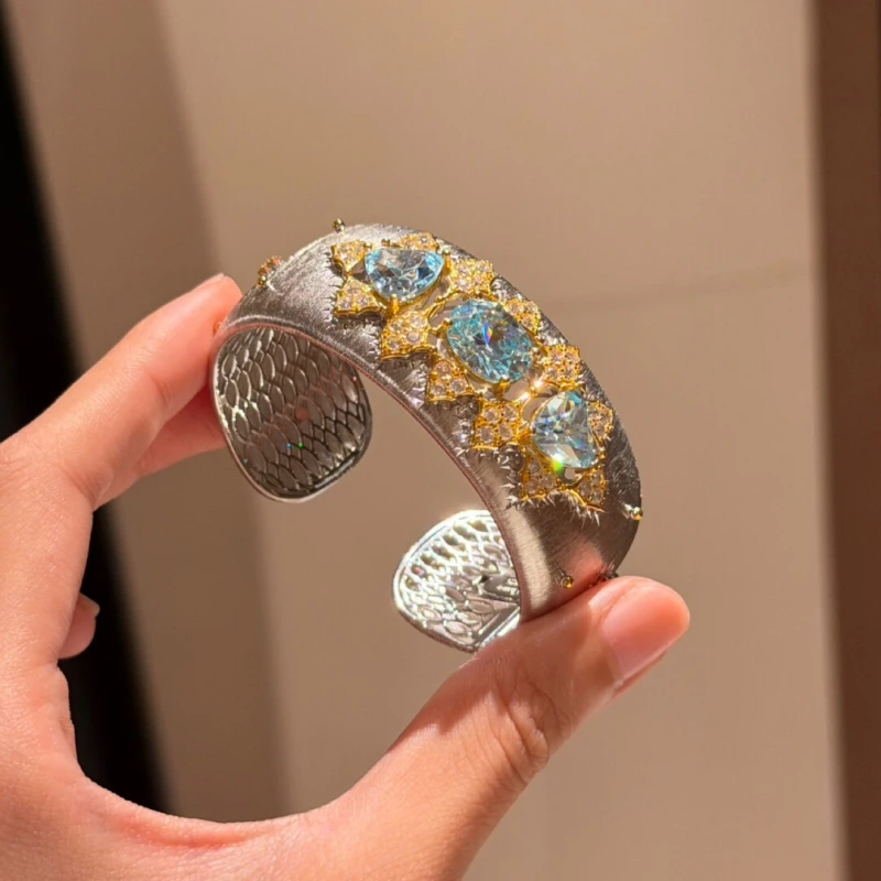 Bellux Unique 3-Stone Aquamarine CZ Gold Plated Brushed Vintage Bracelet Party 925 Silver Cuff Bangle Fine Jewelry for Party