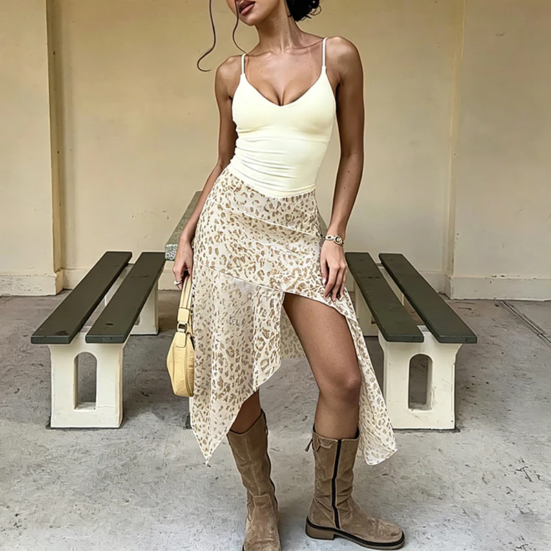 OMSJ Music Festival Vacation Leopard Skirt Hottie Fashion Asymmetric Design Sexy Personalized Mesh Patchwork Leisure Half Skirts