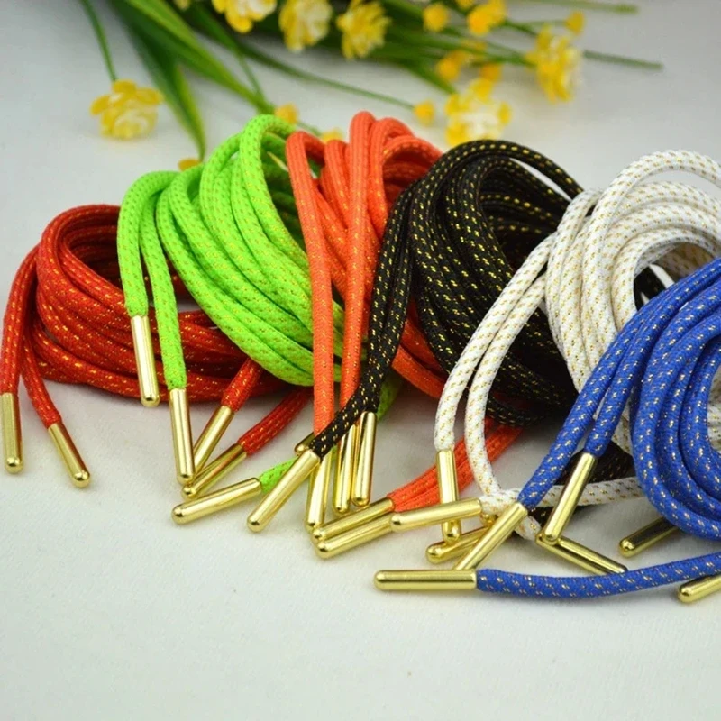 Round Glitter Metallic Shoelaces Braided Sparkling Shoe Laces With Gold Metal Aglets Replacement Laces For Sneakers Casual Shoes