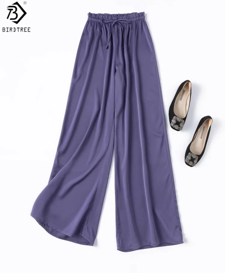

Birdtre 93% Mulberry Silk 7% Spandex Black Pants,Women Plaid Jacquard Elastic Waist Pocket Straight Pants, 2025 New P56723JF