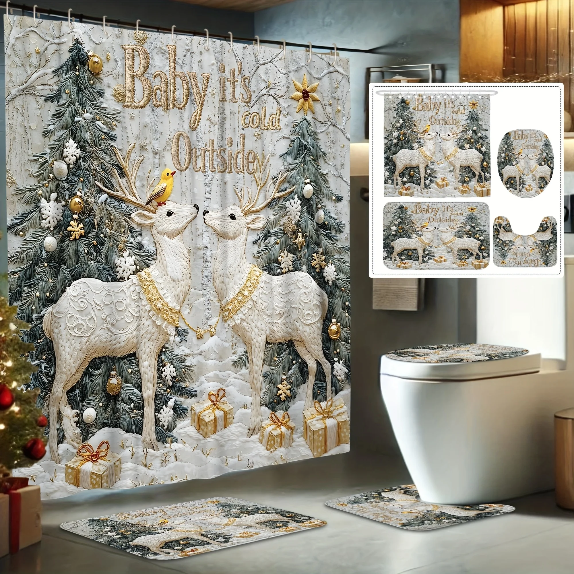 

Рождественский зимний набор для ванной из 4 предметов, цветочная вышивка оленя, зелено-белый цвет, рождественский декор для ванны, 12 крючков, нескользящий U-образный чехол