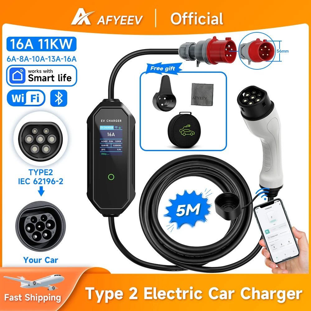 AFYEEV Type2 Cable Portable EV Charger 11KW 16A 3P Car Charger Wi-Fi APP Control EVSE Charging Box CEE Plug for Electric Vehicle