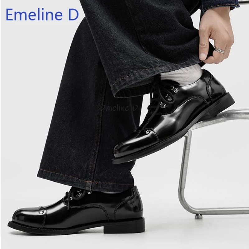 Men Oxford Shoes Glossy Patent Leather Metal Rivet Embellishment Lace up Round Toe Low Block Heel Modern Daily Dress Shoes